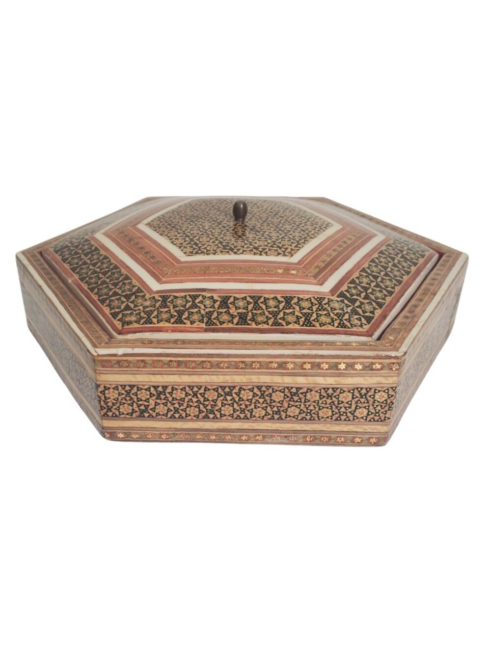 Vintage Khatam-Style Persian Inlay Hexagon Box Red Lining